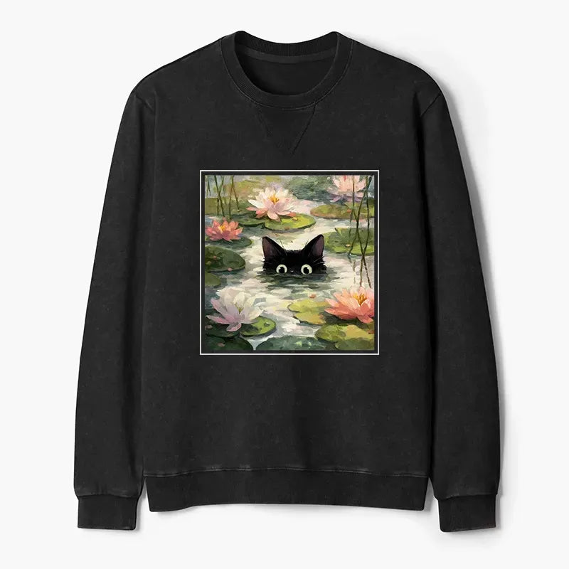 Black Cat Lotus Flower Sweatshirt for Daily Wear