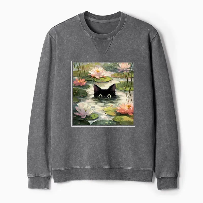 Kyoto-Lion Black Cat and Lotus Flower Washed Terry Sweatshirt