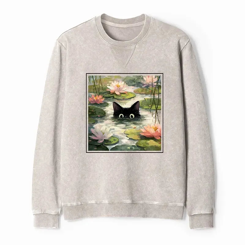 Kyoto-Lion Black Cat and Lotus Flower Washed Terry Sweatshirt