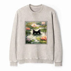 Kyoto-Lion Black Cat and Lotus Flower Washed Terry Sweatshirt
