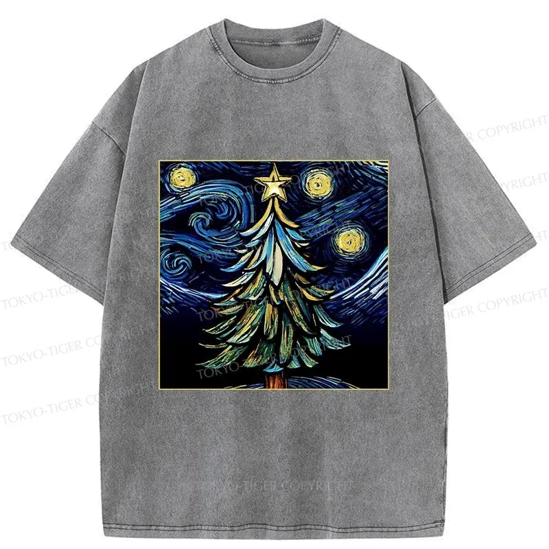 Kyoto-Lion Christmas Tree Under The Starry Night Washed T-Shirt