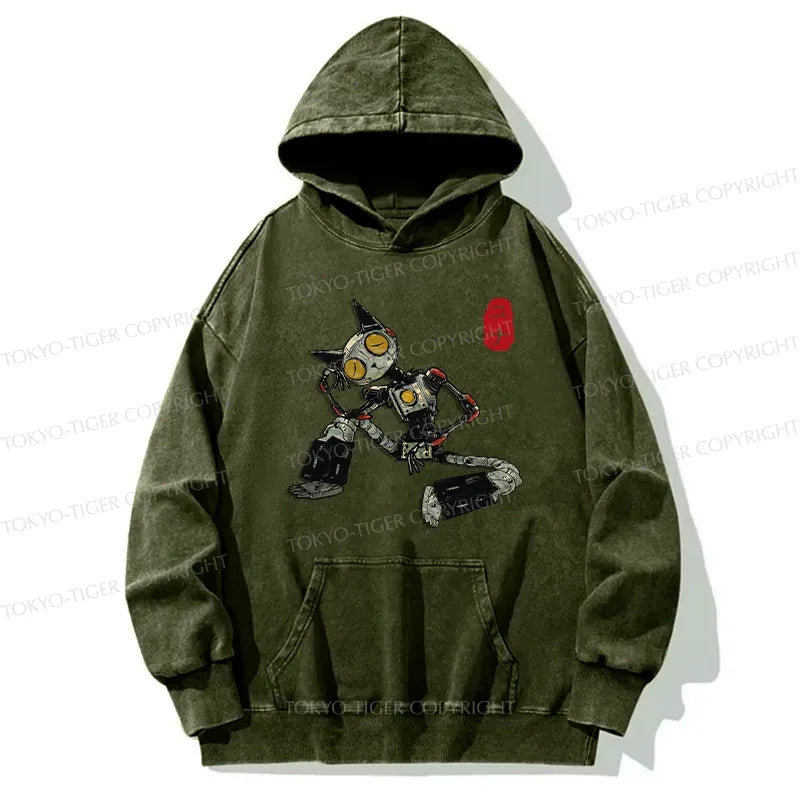 Kyoto-Lion Contemplative Robot Cat Washed Hoodie