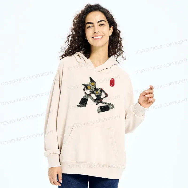 Kyoto-Lion Contemplative Robot Cat Washed Hoodie