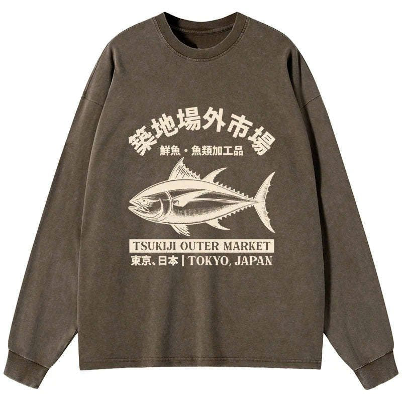 Kyoto-Lion Sakana Tsukiji Fish Market Washed Long Sleeve T-Shirt