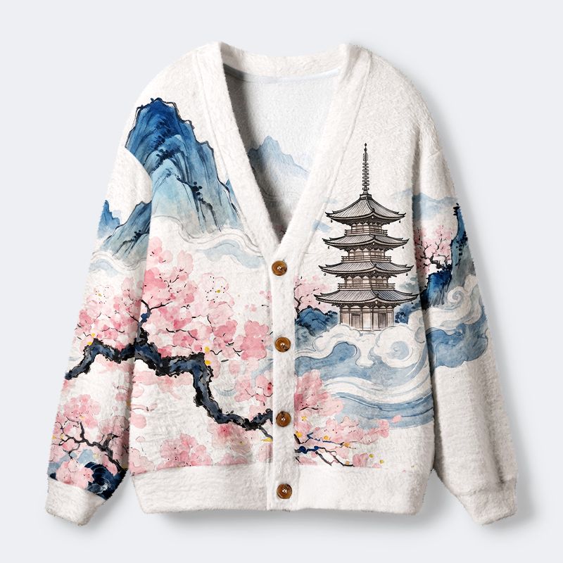 Kyoto-Lion Japanese Pagoda Cherry Blossom Ink Landscape Ugly Cardigan Sweater