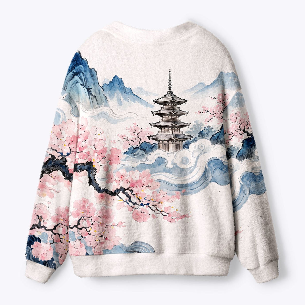 Kyoto-Lion Japanese Pagoda Cherry Blossom Ink Landscape Ugly Cardigan Sweater