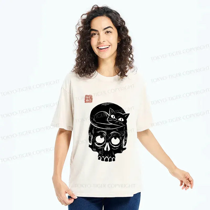 Kyoto-Lion Woodcut Cat And Skeleton Washed T-Shirt