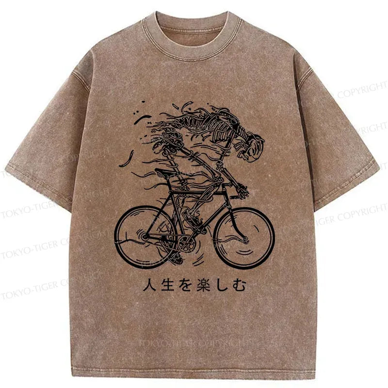 Japanese skeleton riding bicycle washed t-shirt
