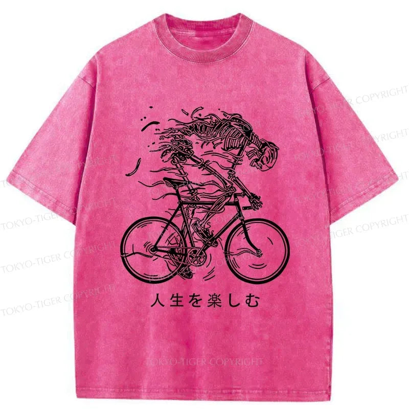 Japanese skeleton riding bicycle washed t-shirt
