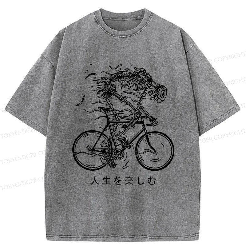 Kyoto-Lion Skeleton Riding A Bicycle Washed T-Shirt