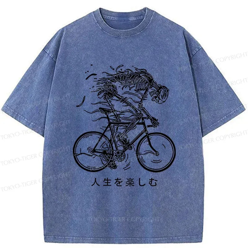 Kyoto-Lion Skeleton Riding A Bicycle Washed T-Shirt