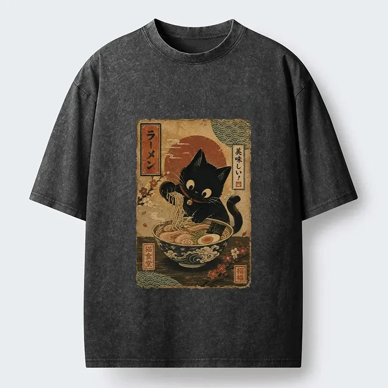 Kyoto-Lion Japanese Cat Ramen Shop Poster Washed T-Shirt