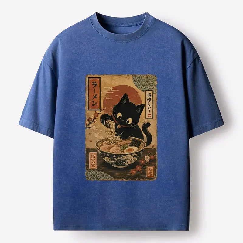 Kyoto-Lion Japanese Cat Ramen Shop Poster Washed T-Shirt