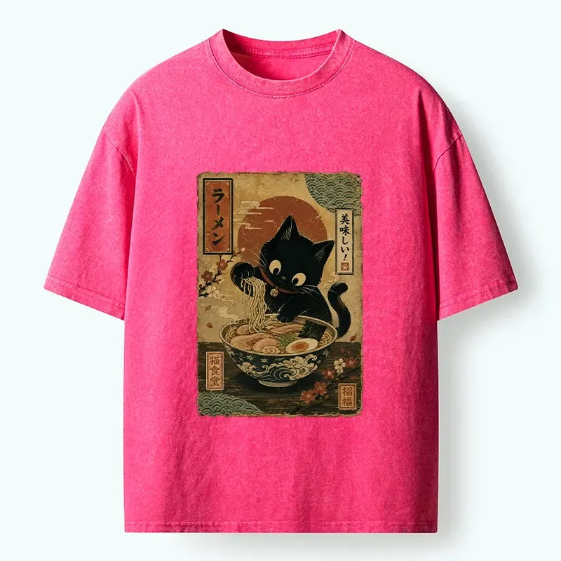 Kyoto-Lion Japanese Cat Ramen Shop Poster Washed T-Shirt
