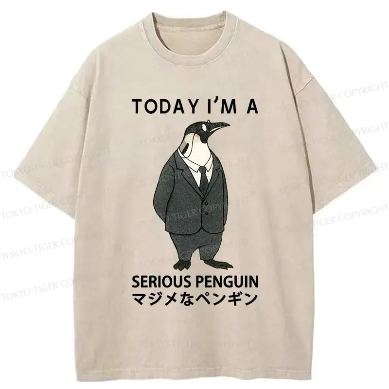 Kyoto-Lion Today I'm A Serious Penguin Washed T-Shirt