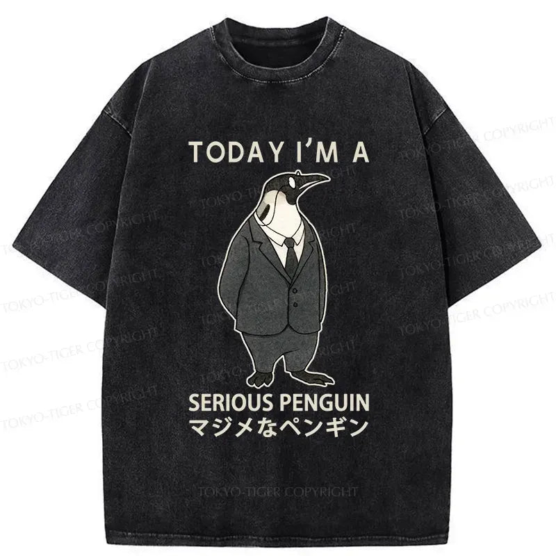 Kyoto-Lion Today I'm A Serious Penguin Washed T-Shirt
