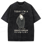Kyoto-Lion Today I'm A Serious Penguin Washed T-Shirt