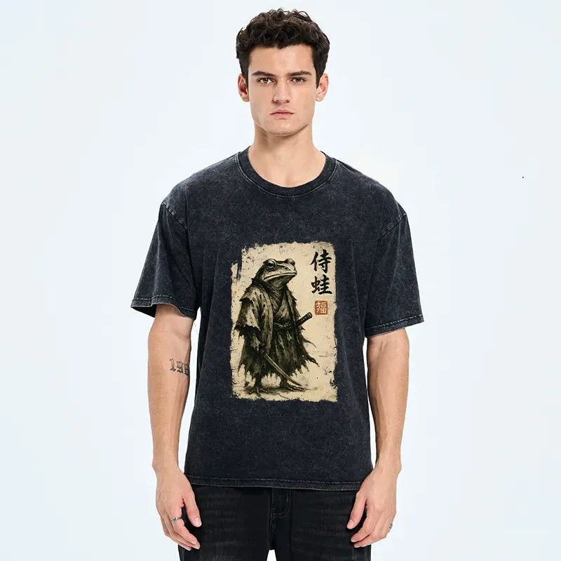 Retro Japanese Samurai Frog Tee for Summer