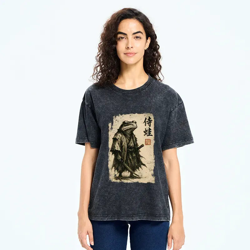 Retro Japanese Samurai Frog Tee for Summer
