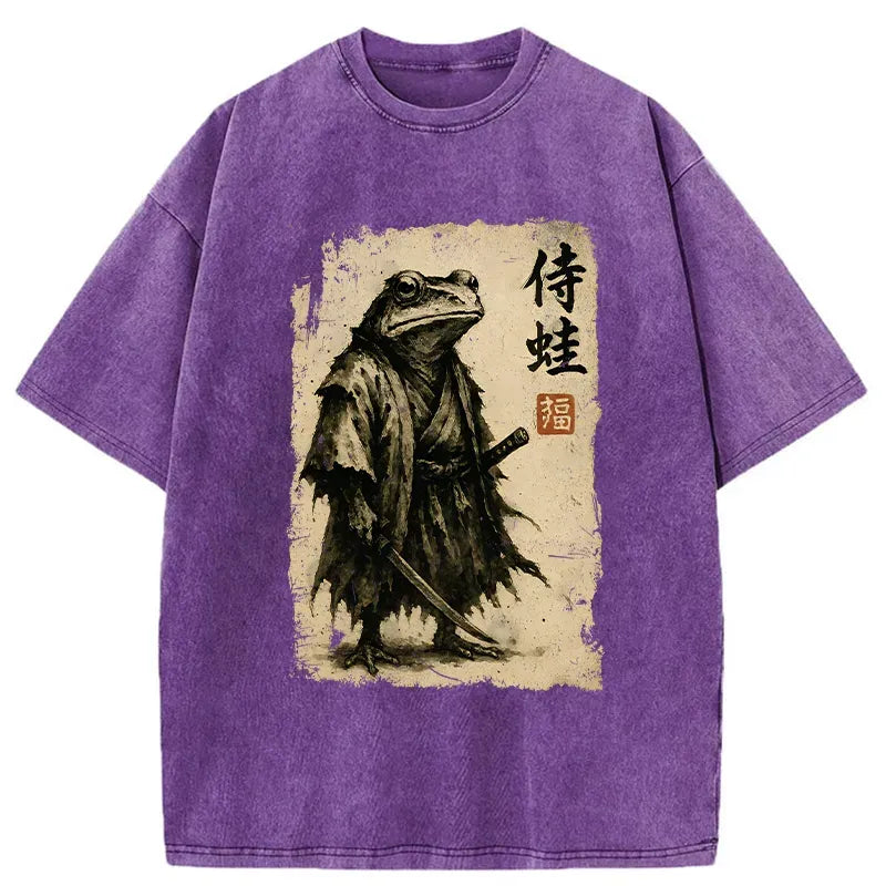 Kyoto-Lion Retro Frog Japanese Samurai Washed T-Shirt