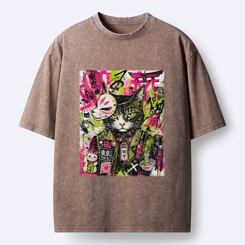 Washed Japanese Streetwear Cat Tee