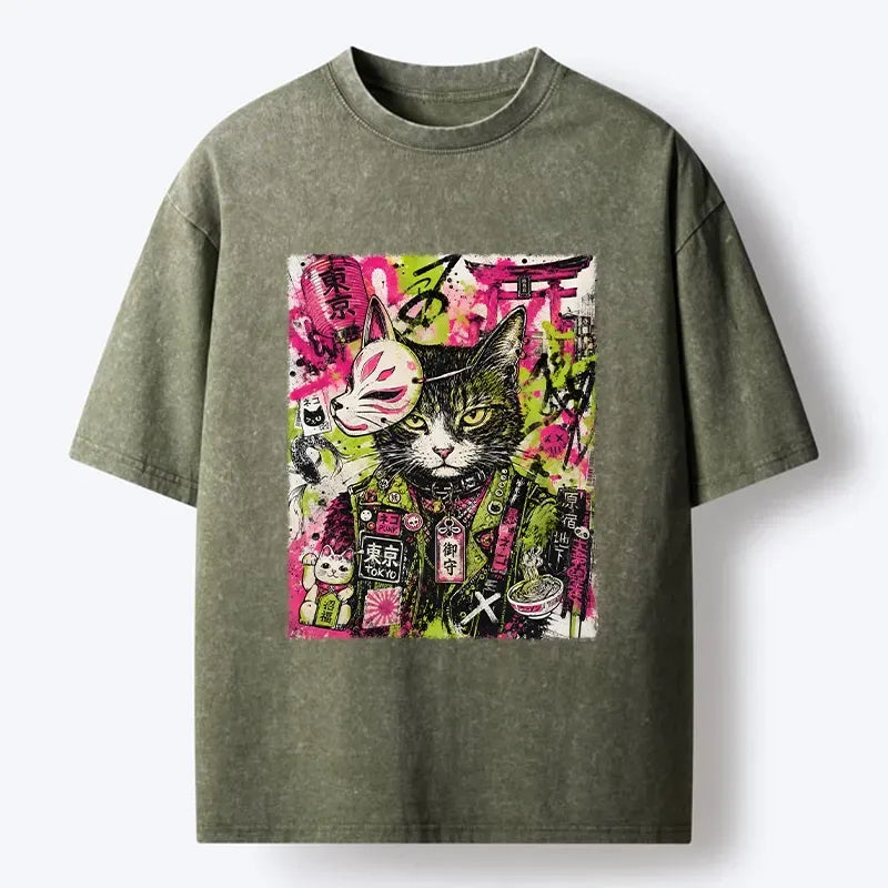 Kyoto-Lion Funny Tokyo Street Cat Meme Art Washed T-Shirt
