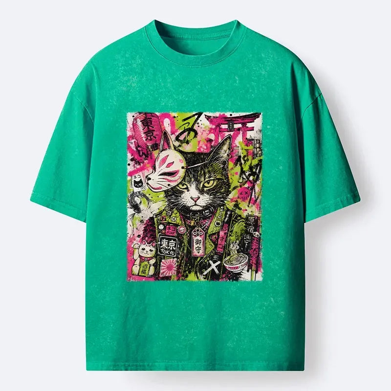 Kyoto-Lion Funny Tokyo Street Cat Meme Art Washed T-Shirt