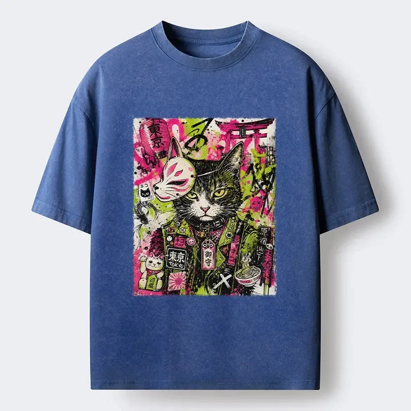 Washed Japanese Streetwear Cat Tee
