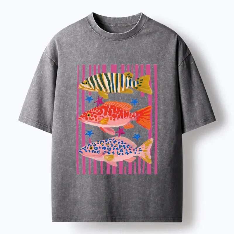 Kyoto-Lion Colorful Patterned Fish Art Washed T-Shirt