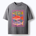 Kyoto-Lion Colorful Patterned Fish Art Washed T-Shirt