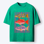 Kyoto-Lion Colorful Patterned Fish Art Washed T-Shirt