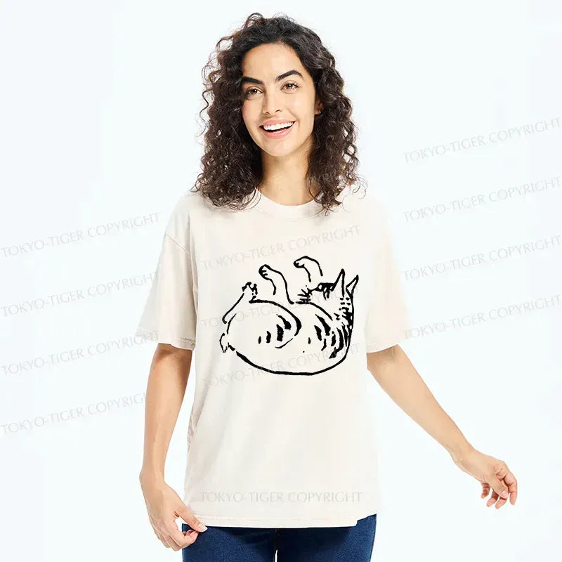 Washed Unisex Cat T-Shirt for Summer