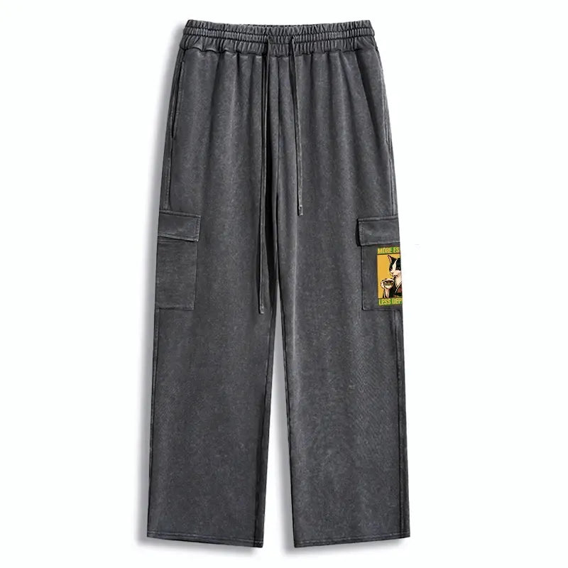 Kyoto-Lion Tuxedo Cat Drinking Coffee Washed Utility Sweatpants