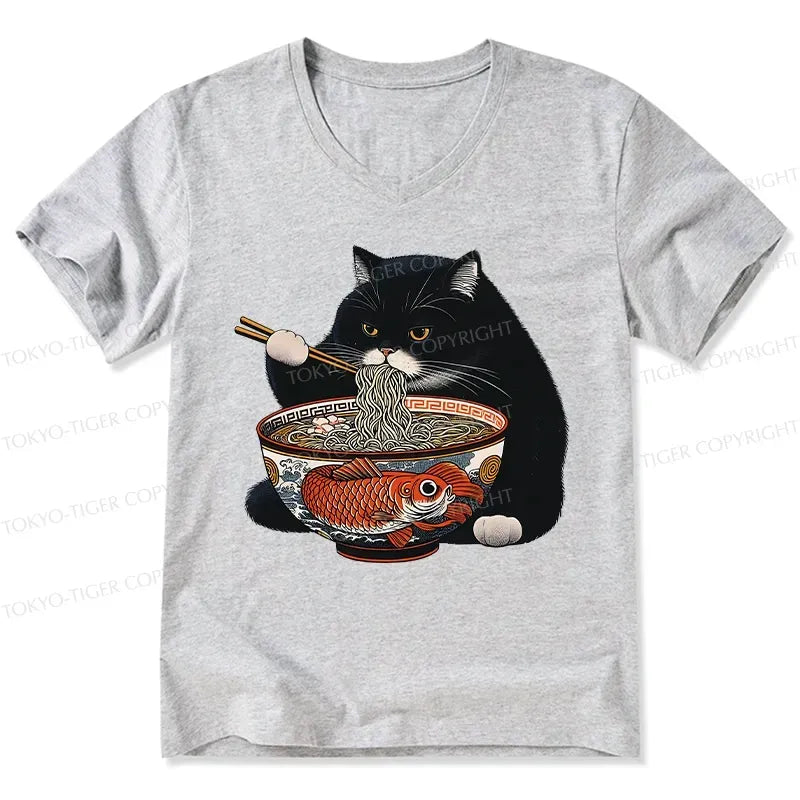 Kyoto-Lion Fat Cat Eating Ramen V-Neck Classic T-Shirt