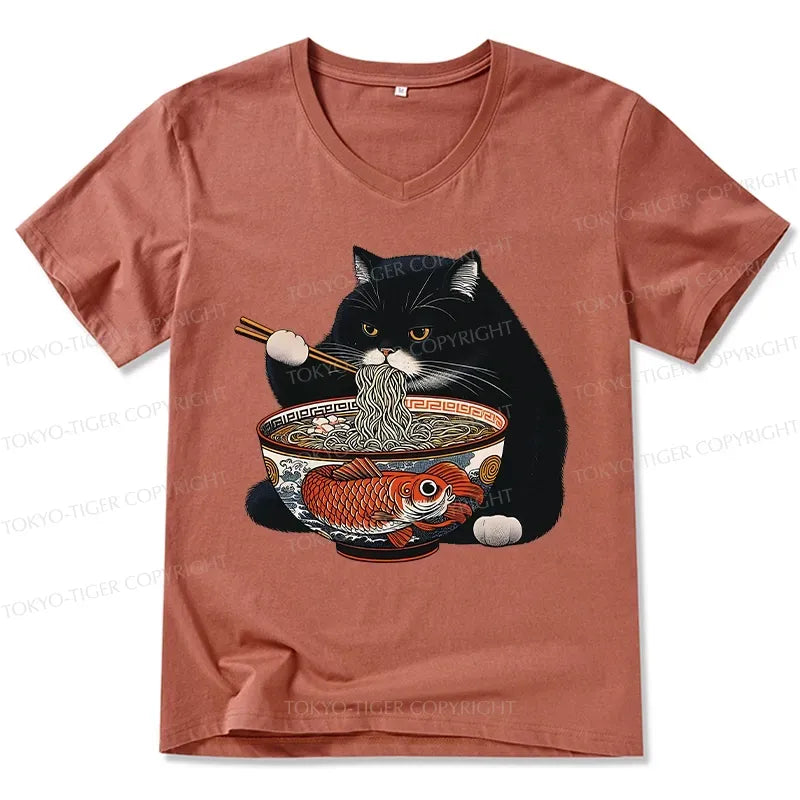 Kyoto-Lion Fat Cat Eating Ramen V-Neck Classic T-Shirt