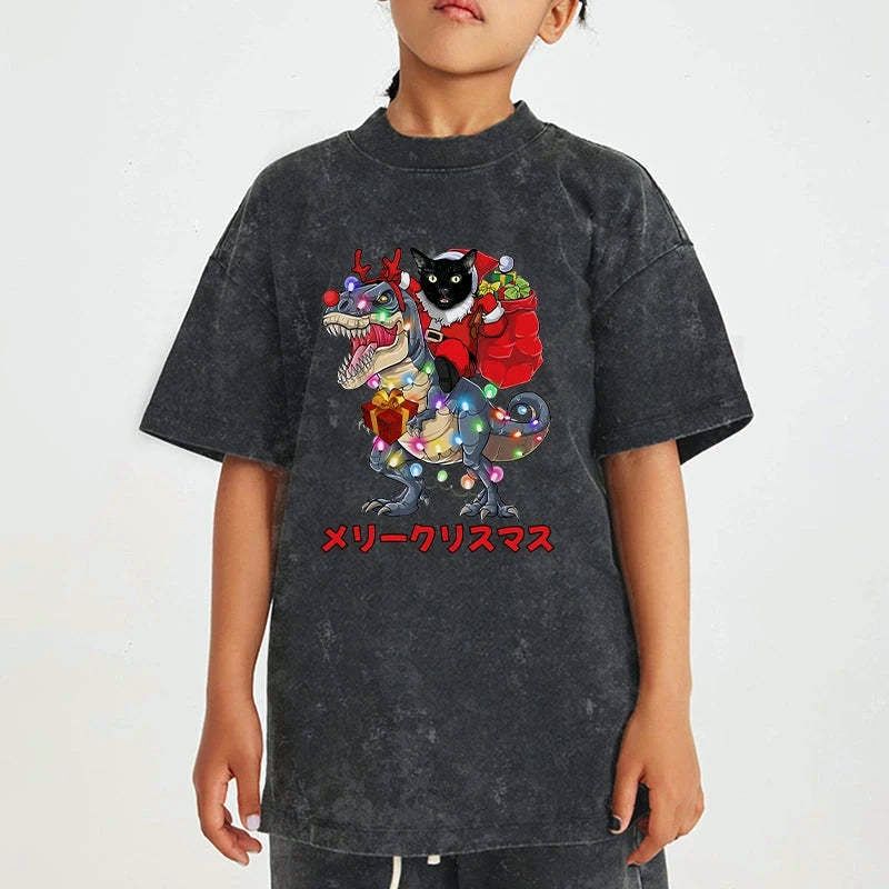 japanese cat riding dinosaur kids tshirt