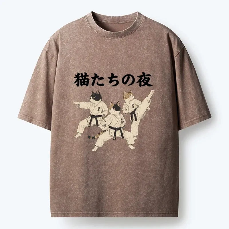 Kyoto-Lion Funny Karate Cats Black Belt Meme Washed T-Shirt