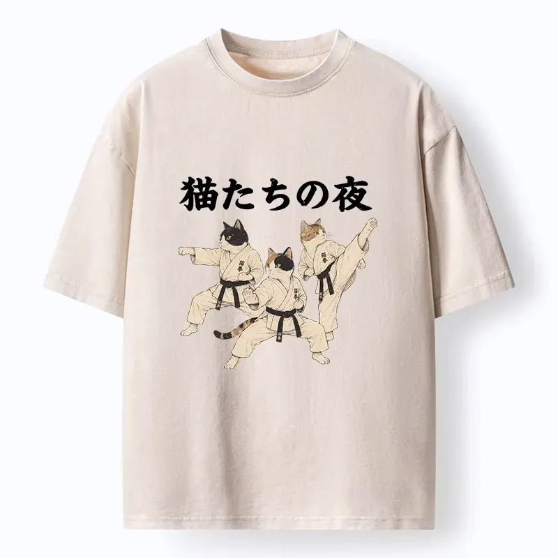 Black Belt Washed Cat Tee for Streetwear