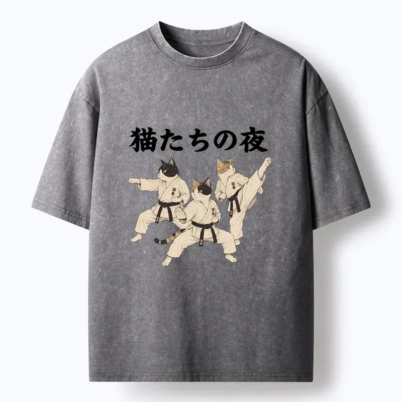 Kyoto-Lion Funny Karate Cats Black Belt Meme Washed T-Shirt