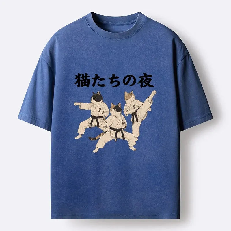 Kyoto-Lion Funny Karate Cats Black Belt Meme Washed T-Shirt