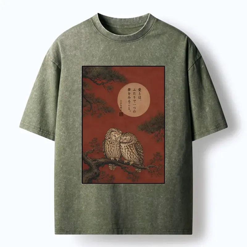 Washed Unisex T-Shirt with Owls on Pine Tree