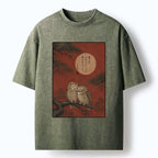 Washed Unisex T-Shirt with Owls on Pine Tree