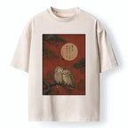 Washed Unisex T-Shirt with Owls on Pine Tree