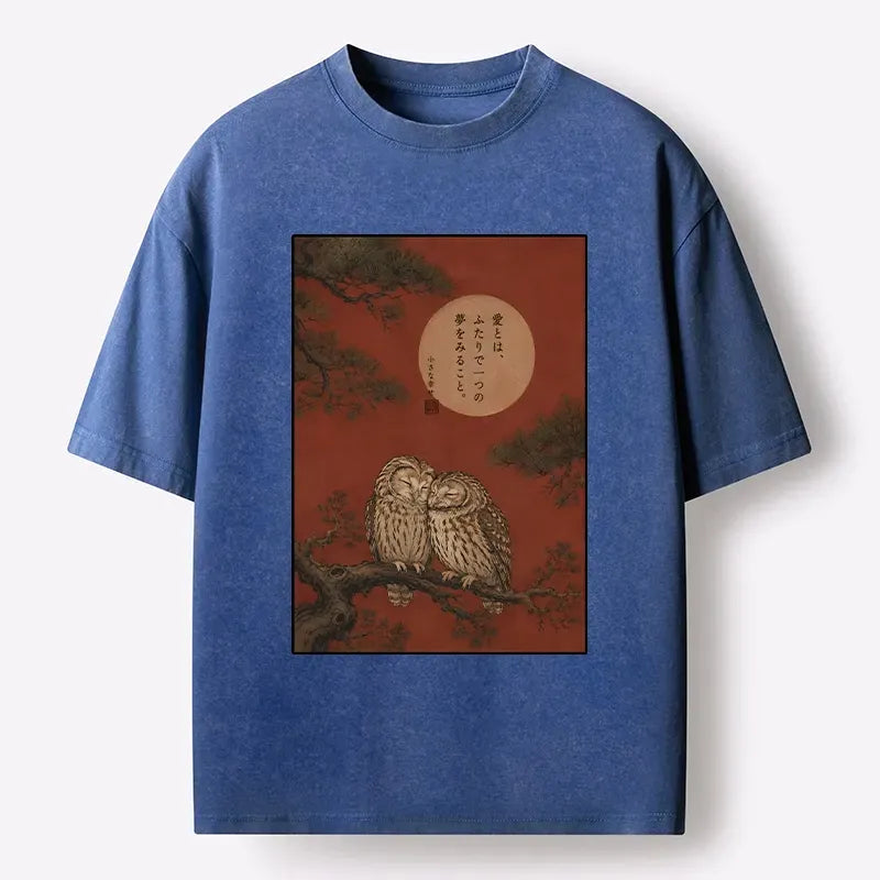 Washed Unisex T-Shirt with Owls on Pine Tree