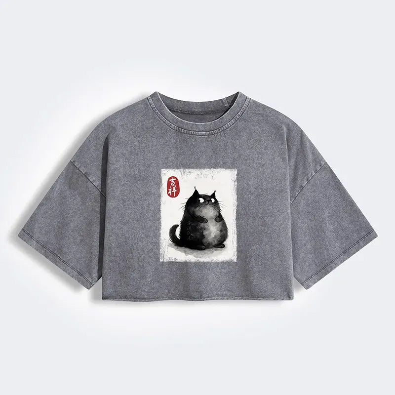 Japanese ink painting black cat crop top