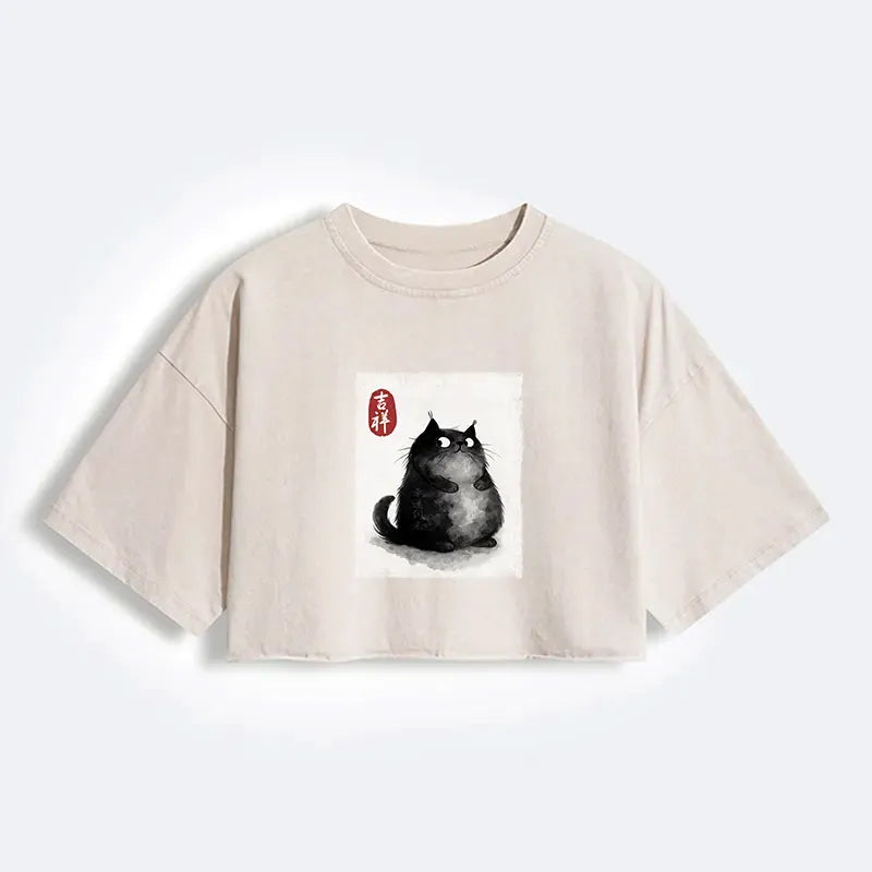 Japanese ink painting black cat crop top