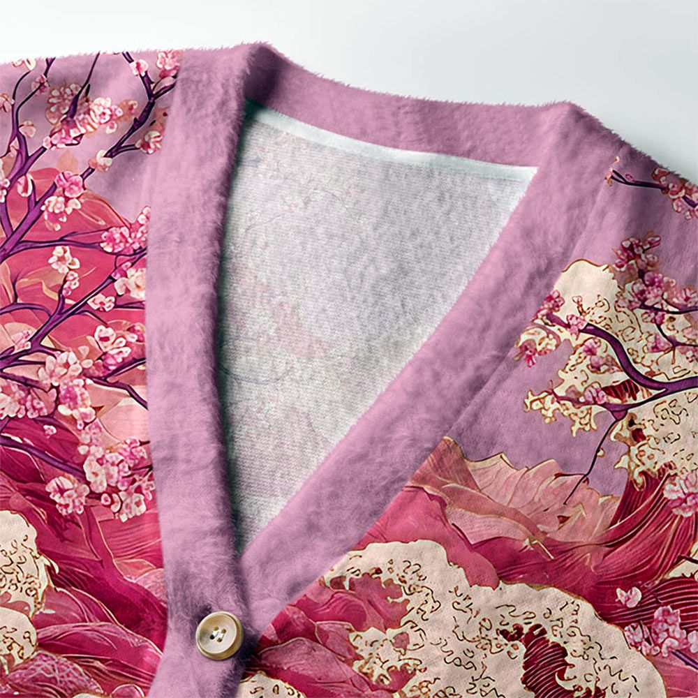 Kyoto-Lion Moonlit Sakura Sea Ugly Cardigan Sweater