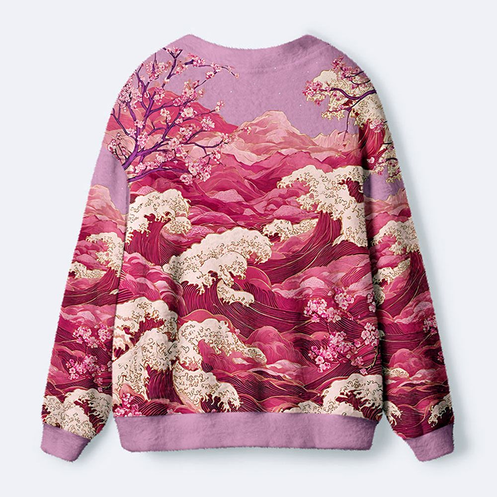 Kyoto-Lion Moonlit Sakura Sea Ugly Cardigan Sweater