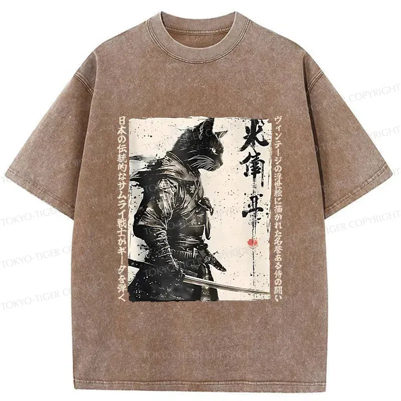 Kyoto-Lion Cat Samurai Retro Washed T-Shirt