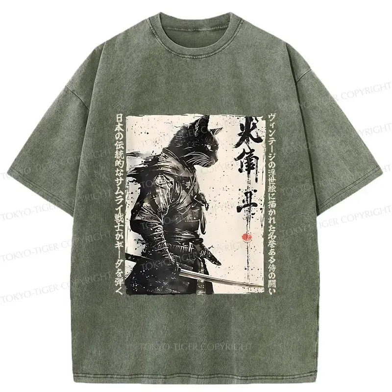 Kyoto-Lion Cat Samurai Retro Washed T-Shirt